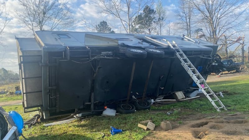 Damage from reported tornado on Prospect Road about 10 miles north of Jefferson, Texas