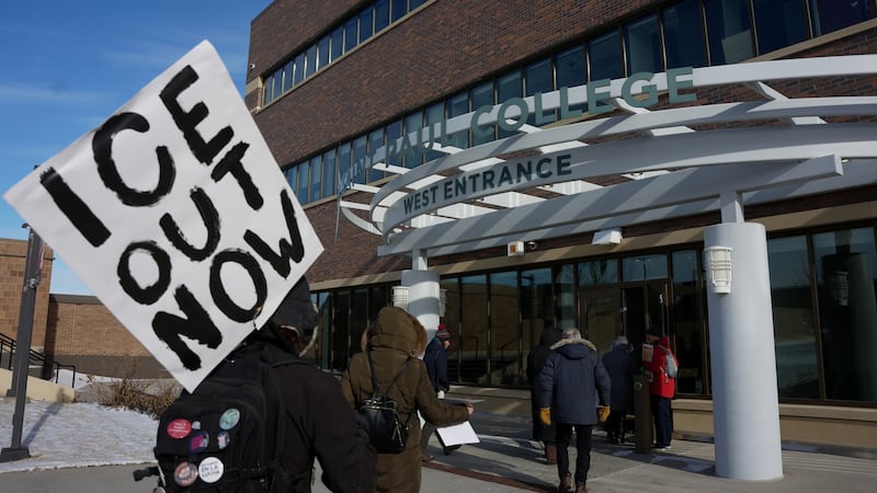People arrive for an MLK rally on, Monday, Jan. 19, 2026 in St. Paul, Minn.