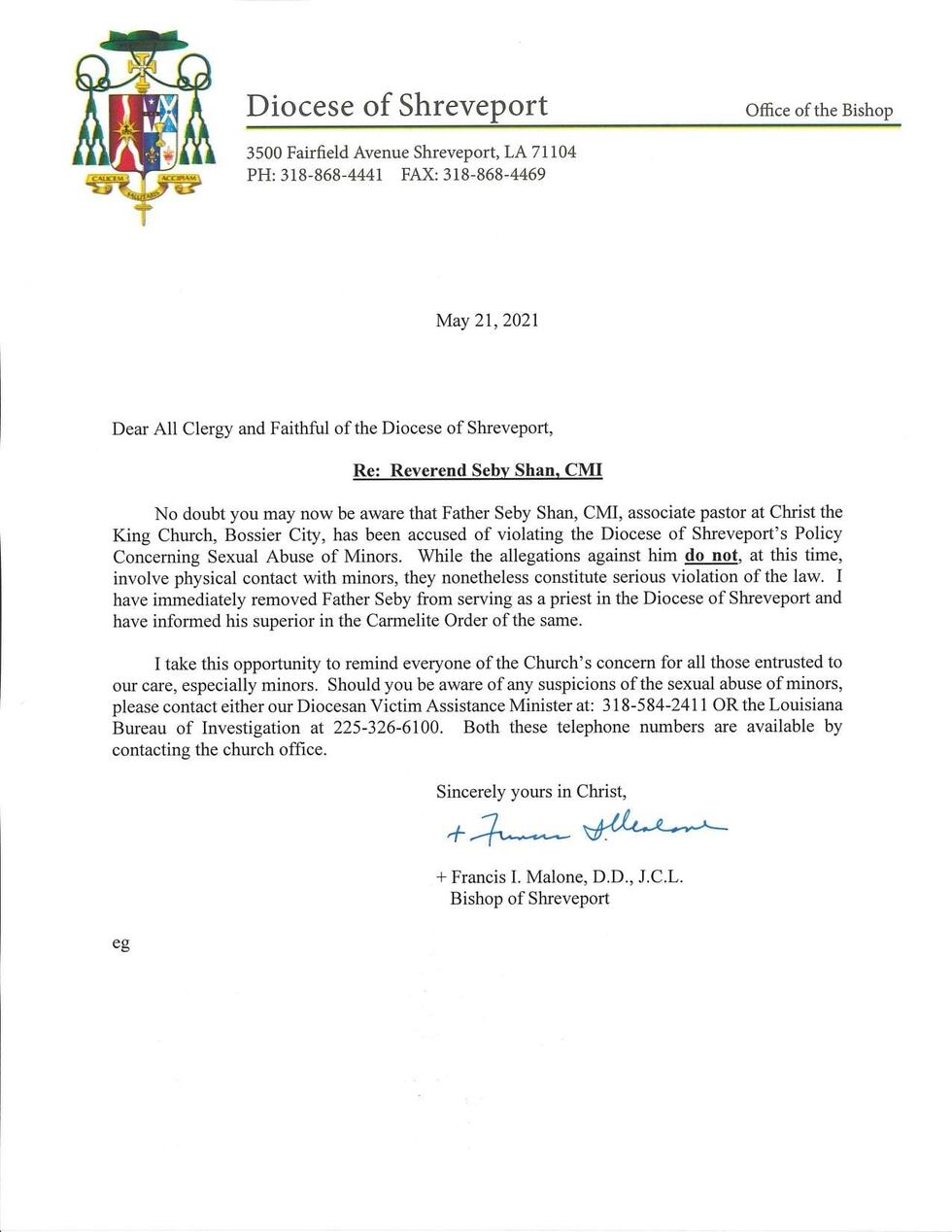 The Diocese of Shreveport released the above statement Friday, May 21, 2021 about the arrest...